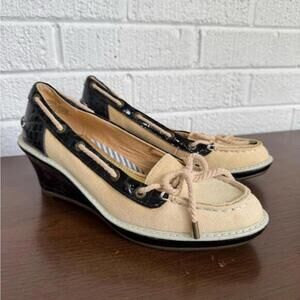 Sperry TopSiders Canvas Boat Shoes Heels Blue Beige US7 Wedge with Rope Detail